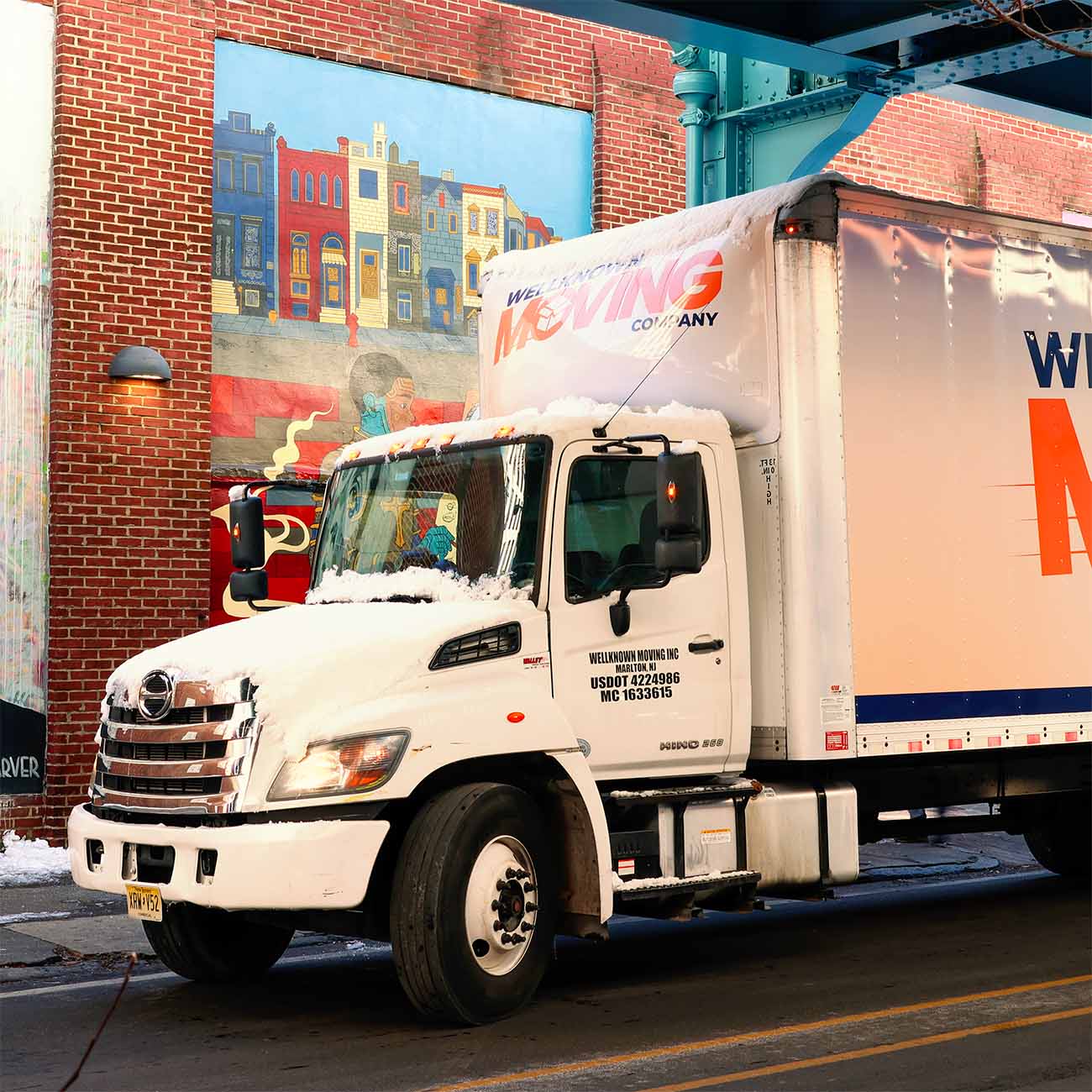 Moving truck in city