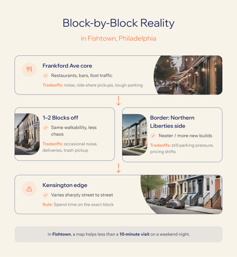 Block-by-block reality in Fishtown, Philadelphia: Frankford Ave core, 1–2 blocks off, Northern Liberties border, Kensington edge.