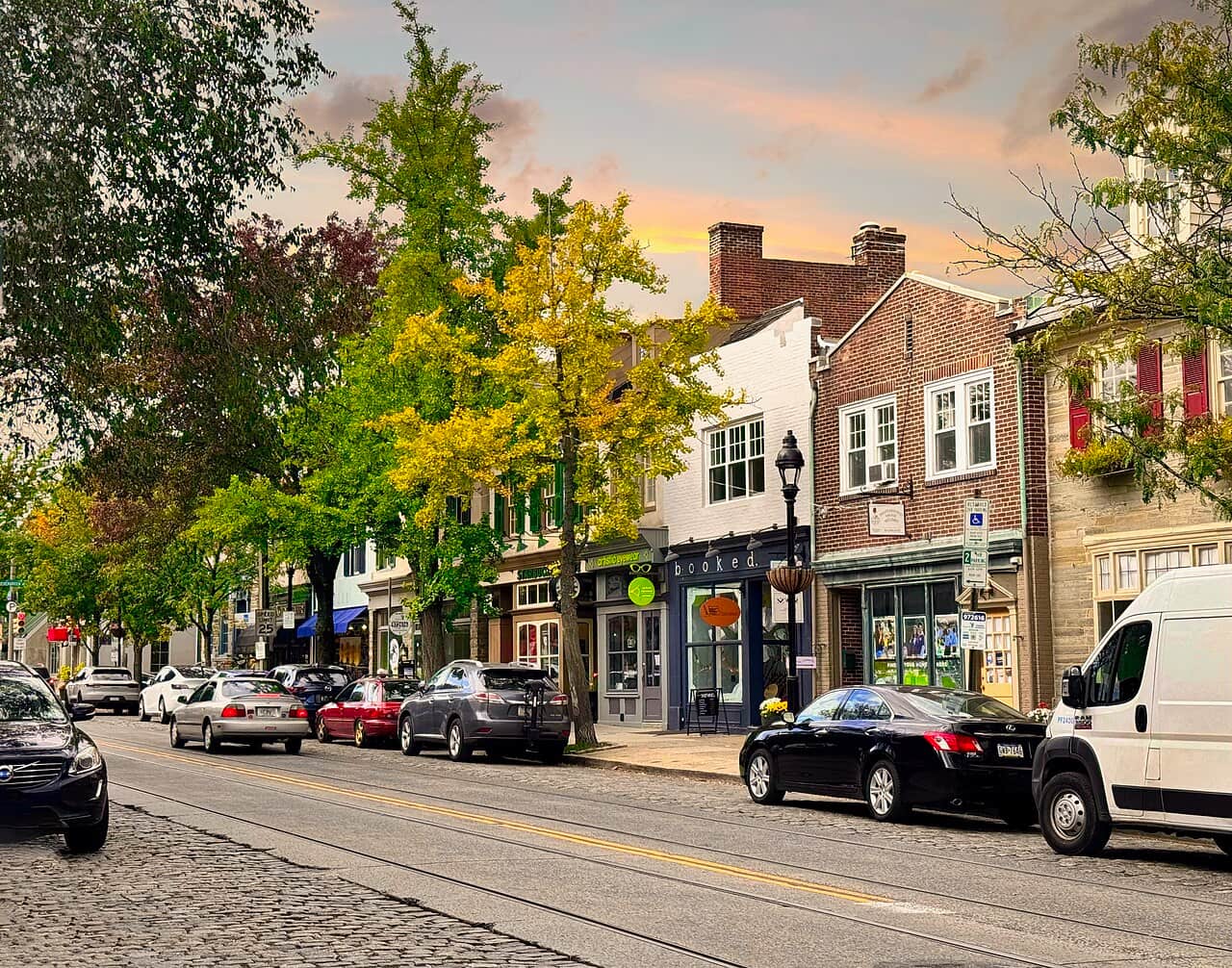 Chestnut Hill Philadelphia business district with cobblestone street